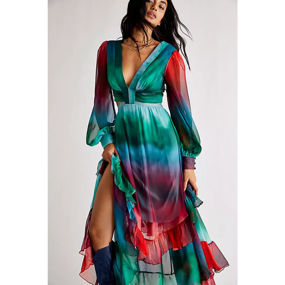 PatBO Dresses & Skirts - PatBO Maxi Dress Cutout Plunge Rainbow Ombre Ruffle Flutter Tiered Gown Sz 4